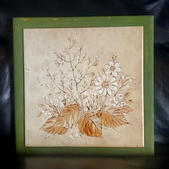 Oak Framed Floral Printed Art Trivet Tile vintage 80s Italy - Picture 1 of 4